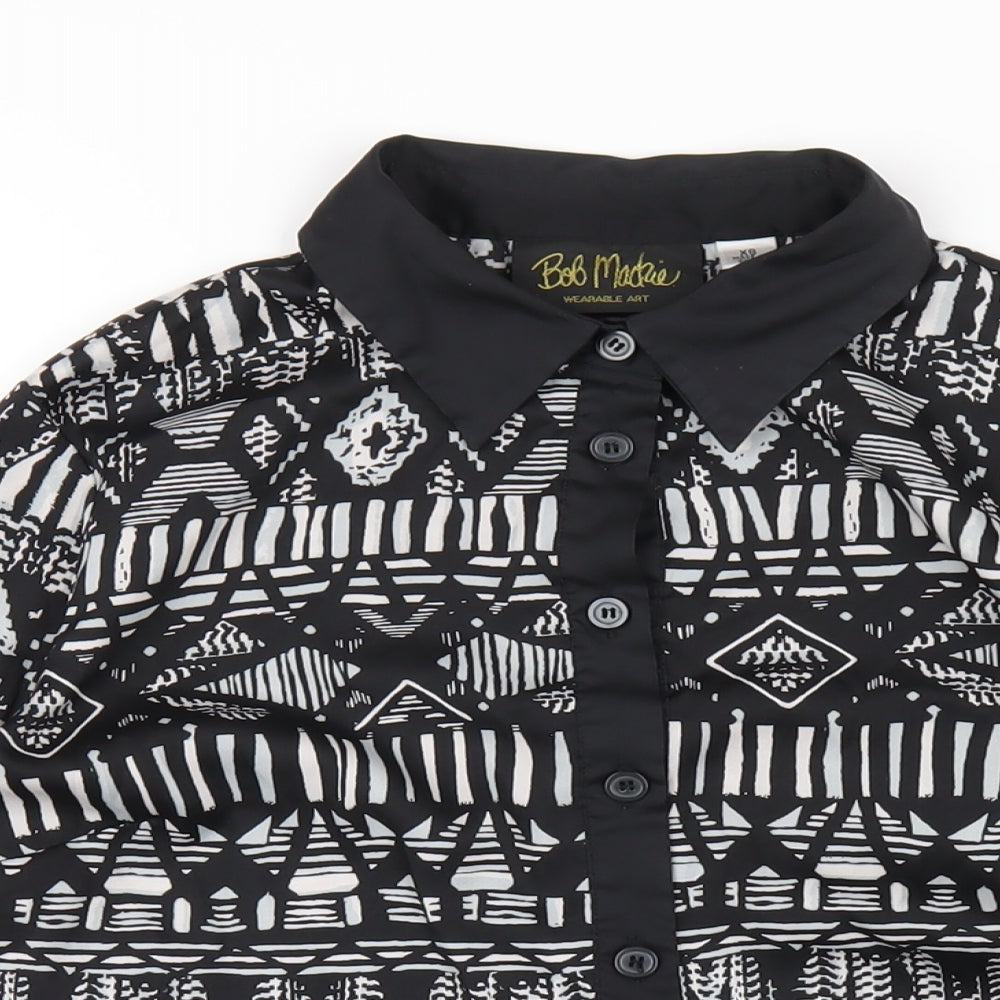 Bob Mackie Womens Black Geometric Polyester Basic Button-Up Size XS Collared