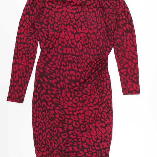 John Lewis Womens Pink Animal Print Wool Bodycon Size 14 Cowl Neck Zip