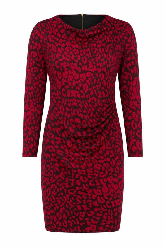 Front view of John Lewis women’s pink animal print wool bodycon, size UK 14, cowl neck zip