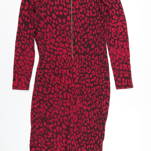 John Lewis Womens Pink Animal Print Wool Bodycon Size 14 Cowl Neck Zip