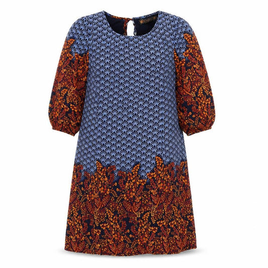 Front view of QED London women’s multicoloured geometric polyester a-line, size UK 8, round neck tie