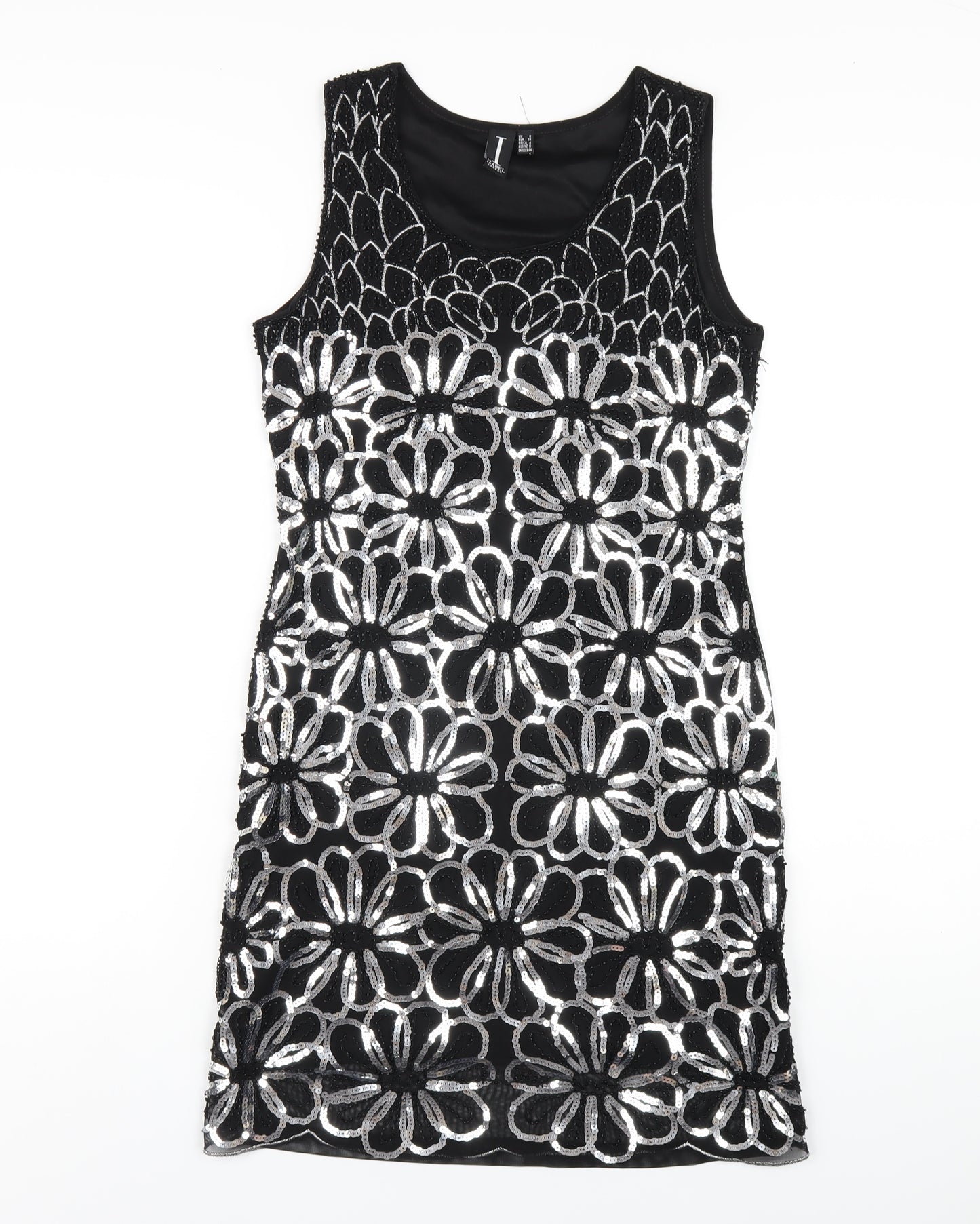 Izabel London Womens Black Geometric Nylon Tank Dress Size 8 Round Neck Pullover