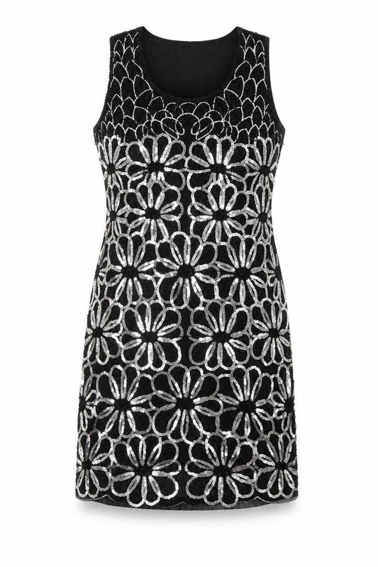 Front view of Izabel London women’s black geometric nylon tank dress, size UK 8, round neck pullover