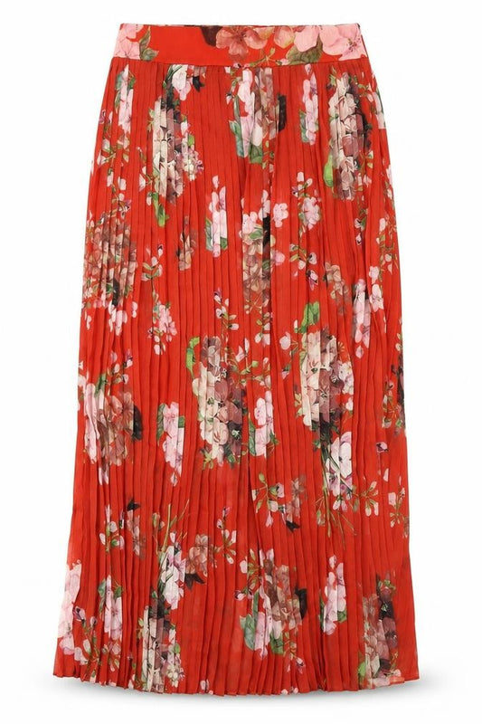 Front view of Urban Touch women’s orange floral polyester pleated skirt, size UK 8, zip