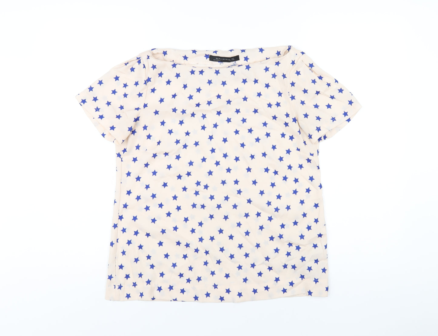 Zara Womens Pink Geometric Polyester Basic T-Shirt Size M Boat Neck