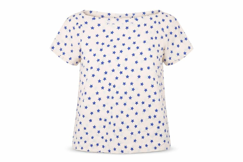 Front view of Zara women’s pink geometric polyester basic t-shirt, size M, boat neck