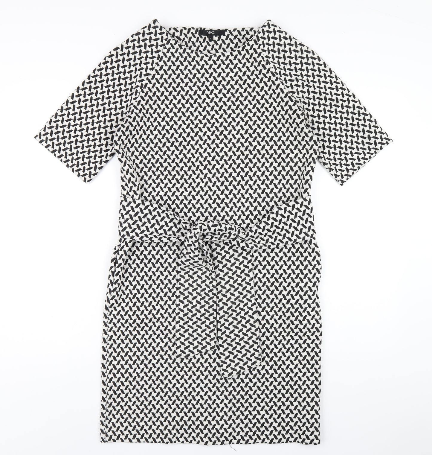 NEXT Womens Black Geometric Polyester A-Line Size 8 Round Neck Zip