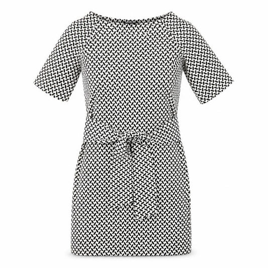 Front view of Next women’s black geometric polyester a-line, size UK 8, round neck zip