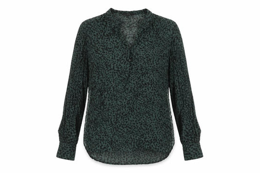 Front view of Next women’s green geometric viscose basic blouse, size UK 10, v-neck