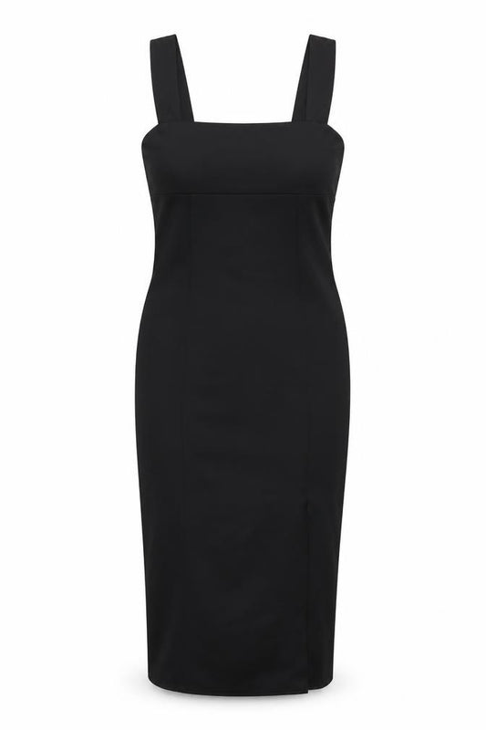 Front view of ASOS women’s black polyester bodycon, size UK 12, square neck pullover