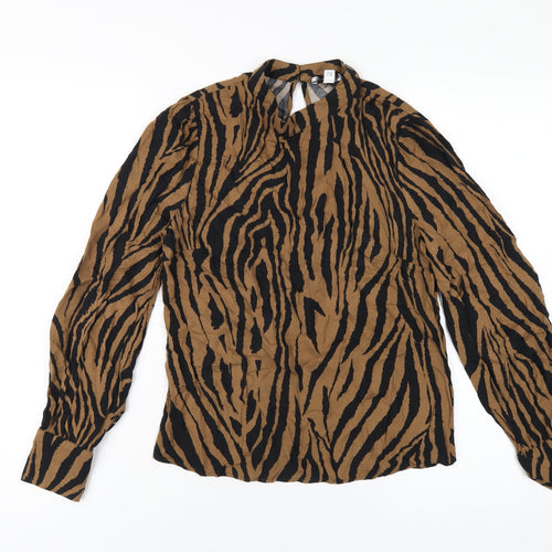 Warehouse Womens Brown Animal Print Viscose Basic T-Shirt Size 8 Mock Neck
