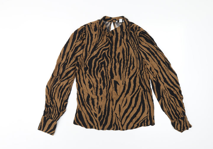 Warehouse Womens Brown Animal Print Viscose Basic T-Shirt Size 8 Mock Neck