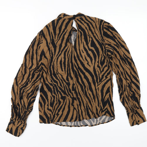 Warehouse Womens Brown Animal Print Viscose Basic T-Shirt Size 8 Mock Neck