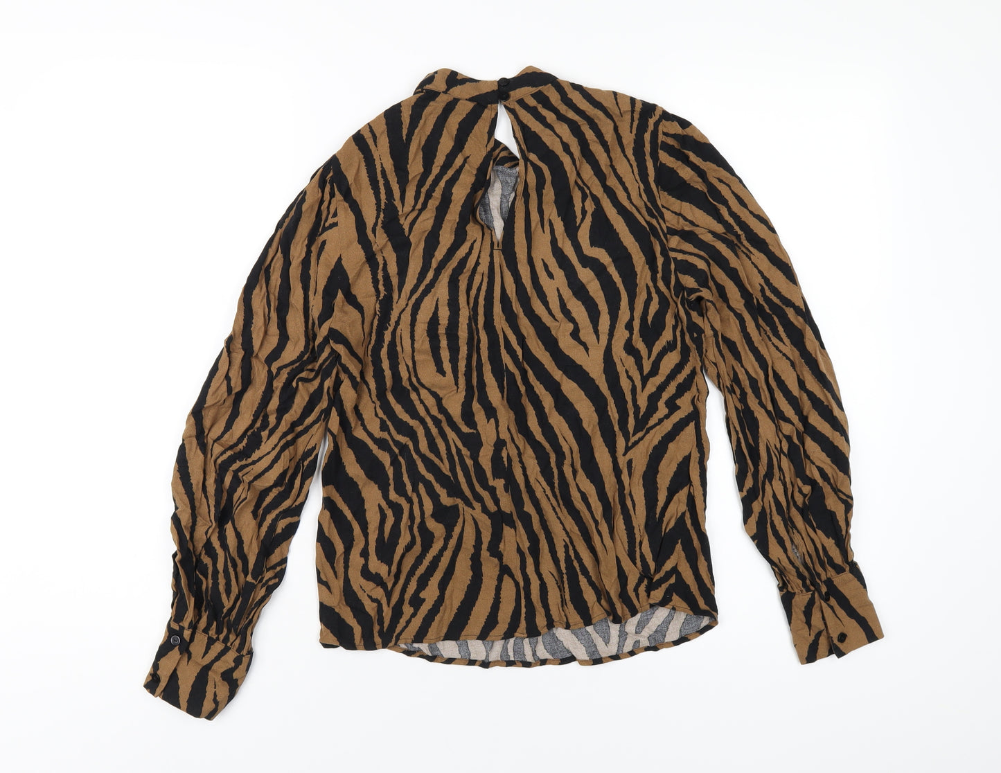 Warehouse Womens Brown Animal Print Viscose Basic T-Shirt Size 8 Mock Neck