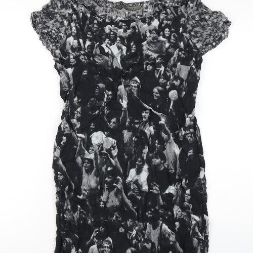 Zara Womens Black Geometric Viscose T-Shirt Dress Size M Boat Neck Pullover