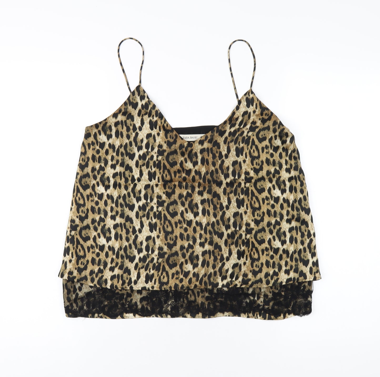 Zara Womens Brown Animal Print Polyester Camisole T-Shirt Size S V-Neck - Leopard Print