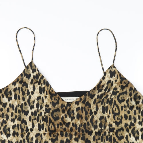 Zara Womens Brown Animal Print Polyester Camisole T-Shirt Size S V-Neck - Leopard Print