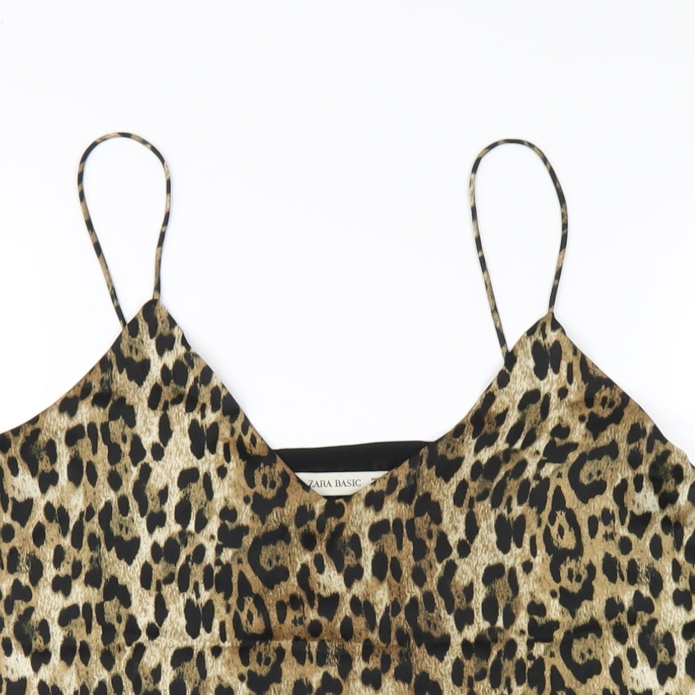 Zara Womens Brown Animal Print Polyester Camisole T-Shirt Size S V-Neck - Leopard Print
