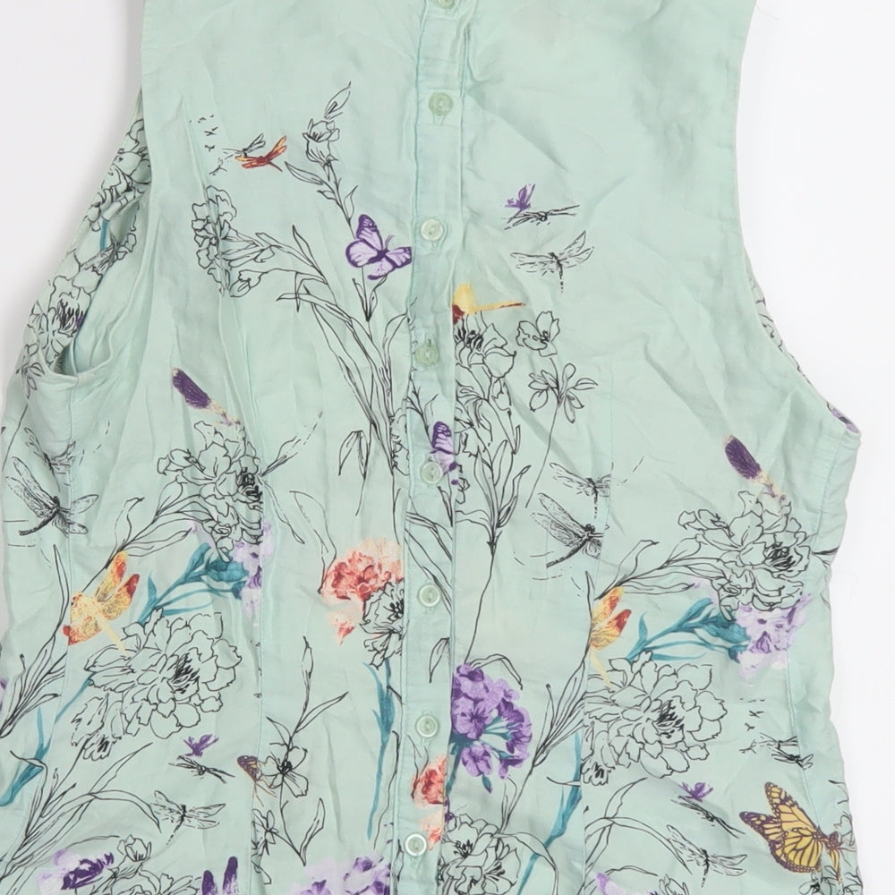 Dorothy Perkins Womens Green Floral Cotton Basic Blouse Size 10 Round Neck