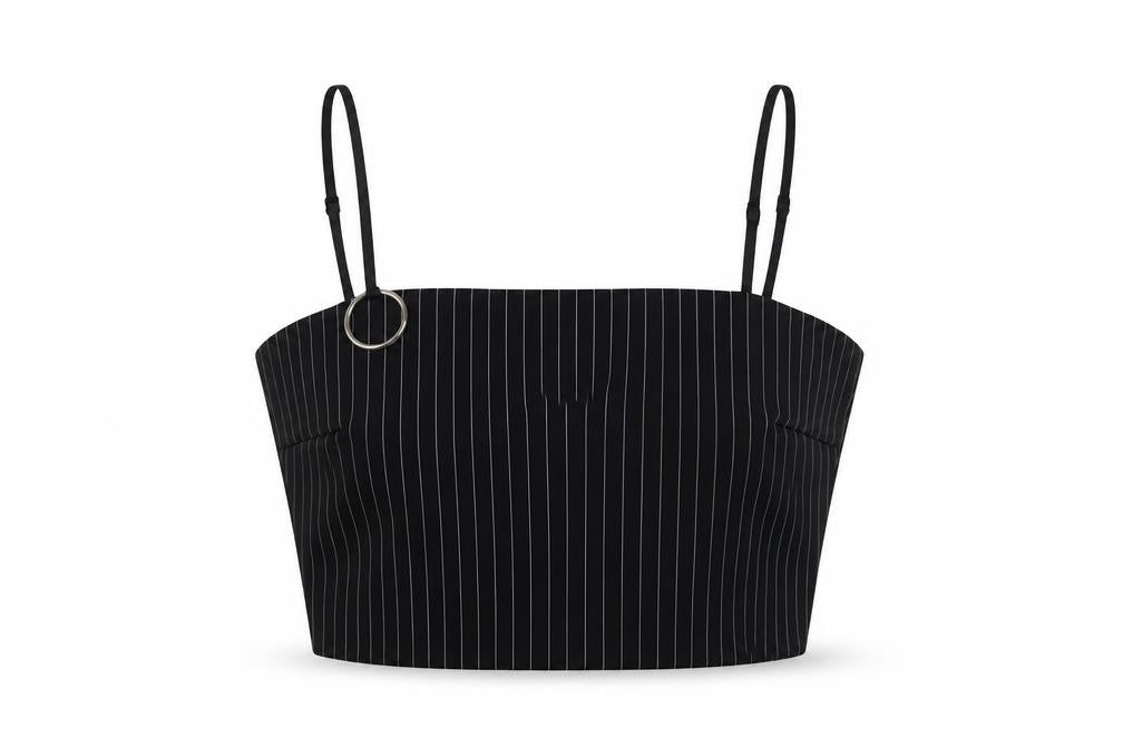 Front view of Zuiki women’s black striped polyester cropped t-shirt, size S, square neck