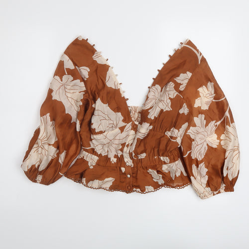 ASOS Womens Brown Floral Polyester Basic Blouse Size 10 V-Neck