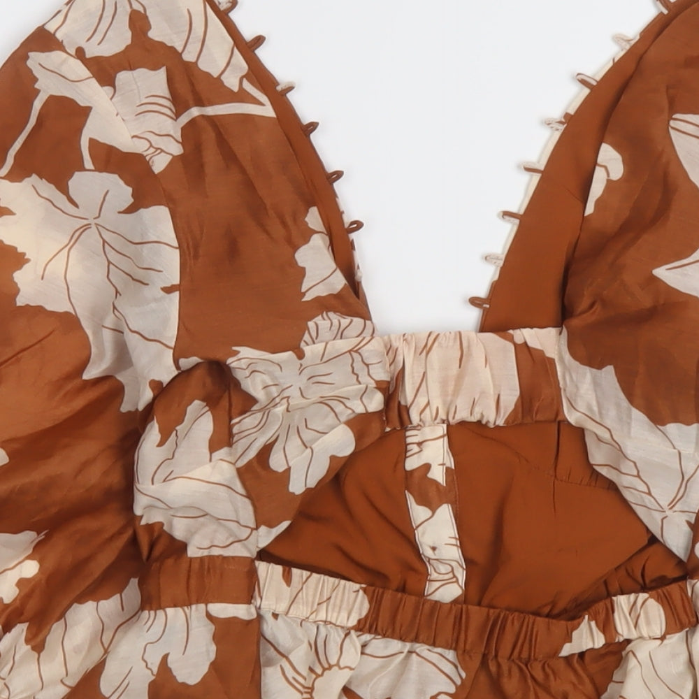 ASOS Womens Brown Floral Polyester Basic Blouse Size 10 V-Neck