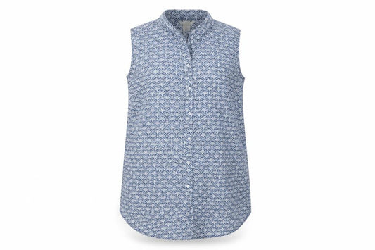 Front view of H&M women’s blue geometric polyester basic blouse, size UK 8, collared