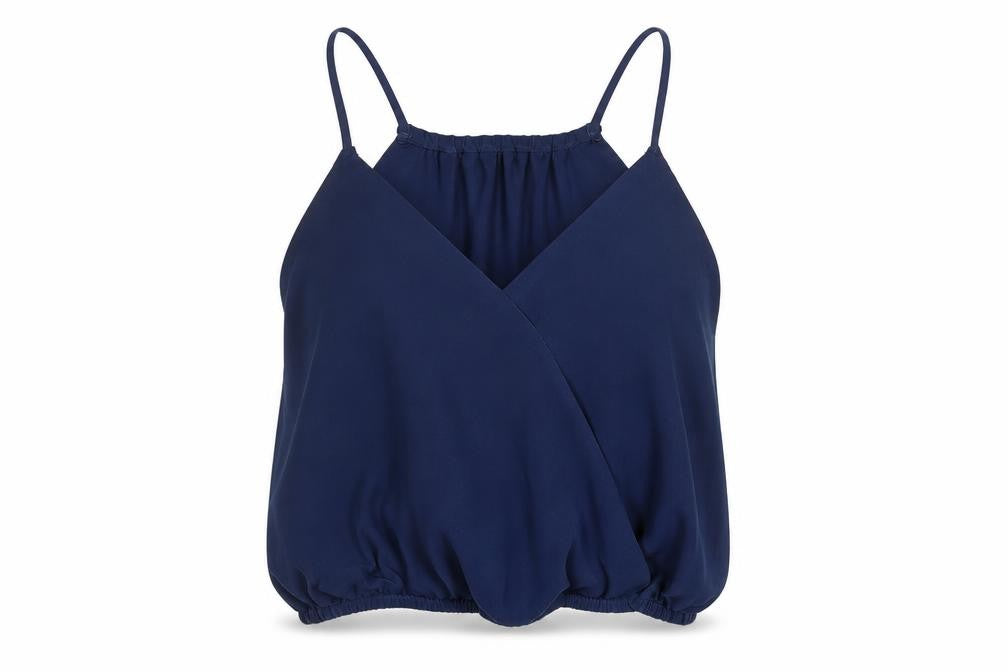 Front view of Suite Benedict women’s blue polyester cropped t-shirt, size S, v-neck