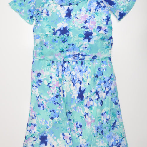 Emma Blake Womens Blue Floral Polyester A-Line Size 12 Cowl Neck Button