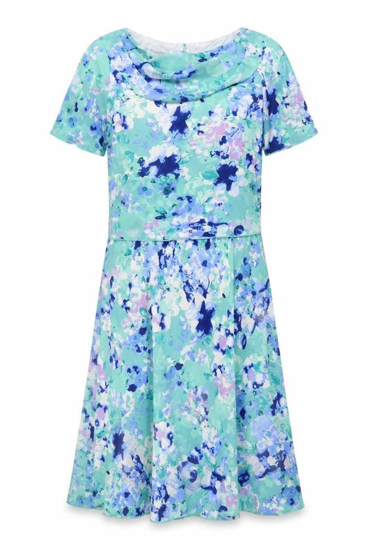 Front view of Emma Blake women’s blue floral polyester a-line, size UK 12, cowl neck button