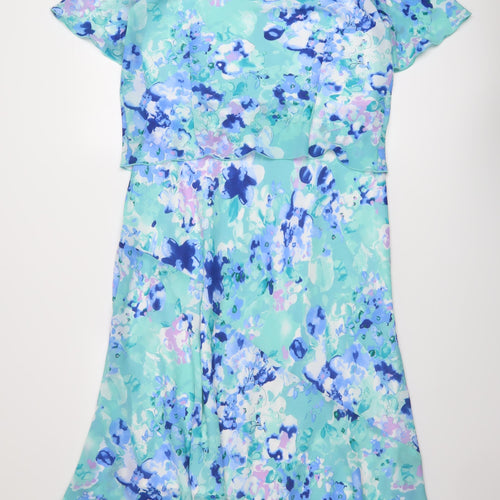 Emma Blake Womens Blue Floral Polyester A-Line Size 12 Cowl Neck Button