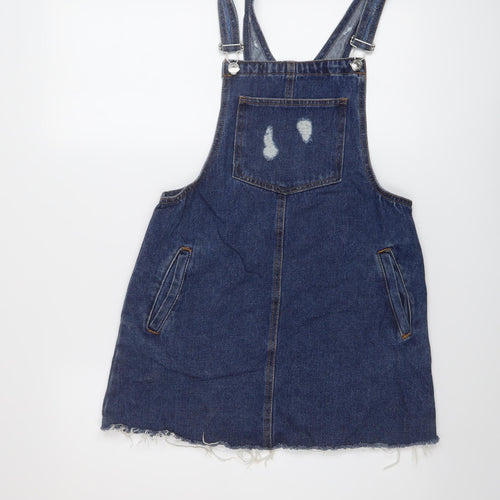 Bershka Womens Blue Cotton Pinafore/Dungaree Dress Size S Square Neck Buckle
