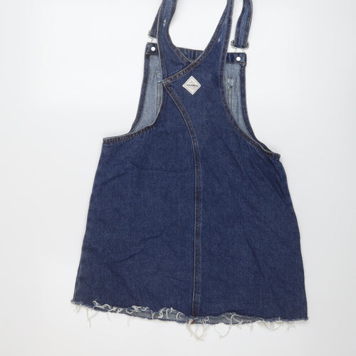 Bershka Womens Blue Cotton Pinafore/Dungaree Dress Size S Square Neck Buckle