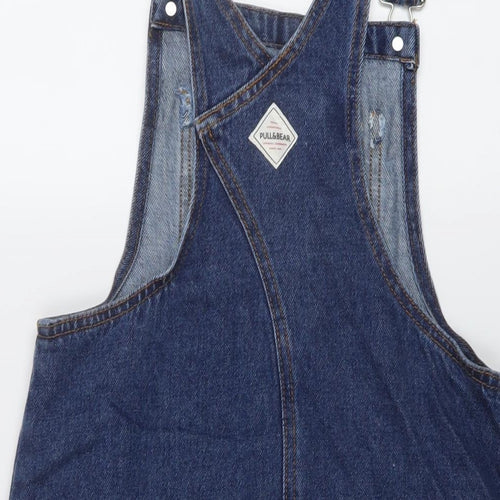 Bershka Womens Blue Cotton Pinafore/Dungaree Dress Size S Square Neck Buckle