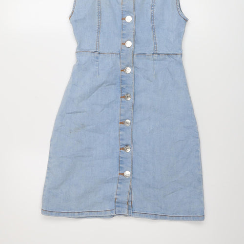 Denim & Co. Womens Blue Cotton A-Line Size 6 Round Neck Button
