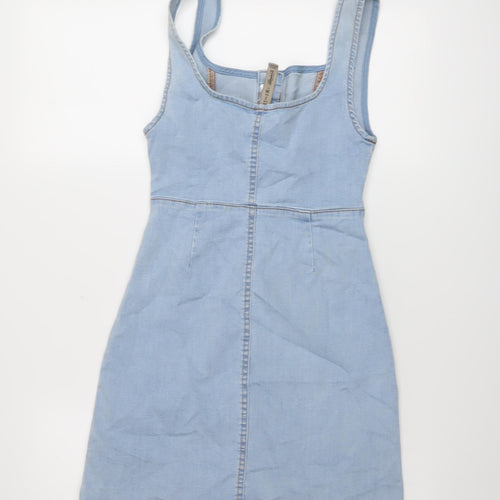 Denim & Co. Womens Blue Cotton A-Line Size 6 Round Neck Button