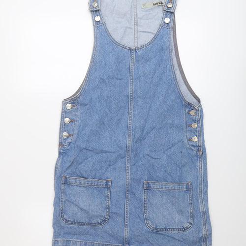 Topshop Womens Blue Cotton Pinafore/Dungaree Dress Size 6 Round Neck Button