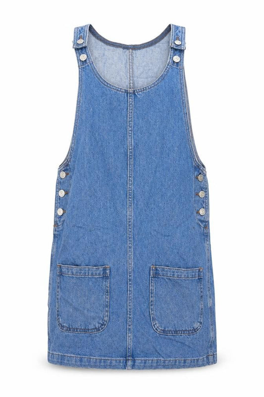 Front view of Topshop women’s blue cotton pinafore/dungaree dress, size UK 6, round neck button