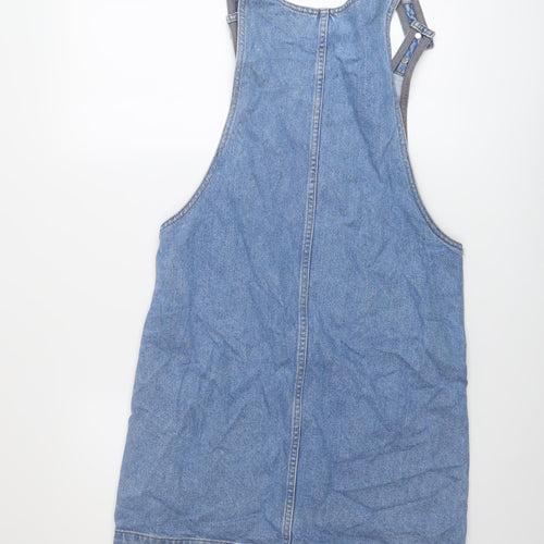 Topshop Womens Blue Cotton Pinafore/Dungaree Dress Size 6 Round Neck Button