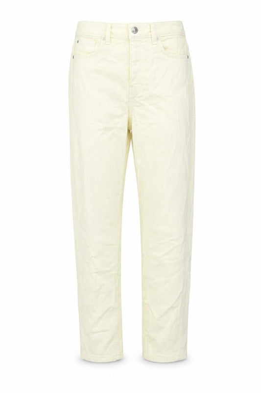 Front view of Marks & Spencer women’s yellow cotton mom jeans, size UK 10, 25-inch leg regular button