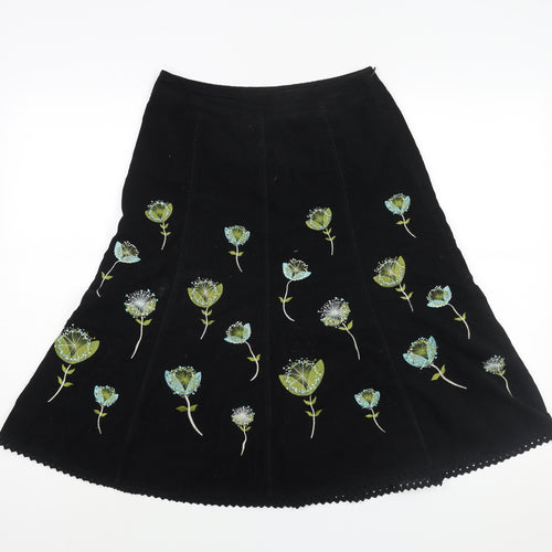 Laura Ashley Womens Black Cotton A-Line Skirt Size 8 Zip - Lace Trim Floral Embroidery