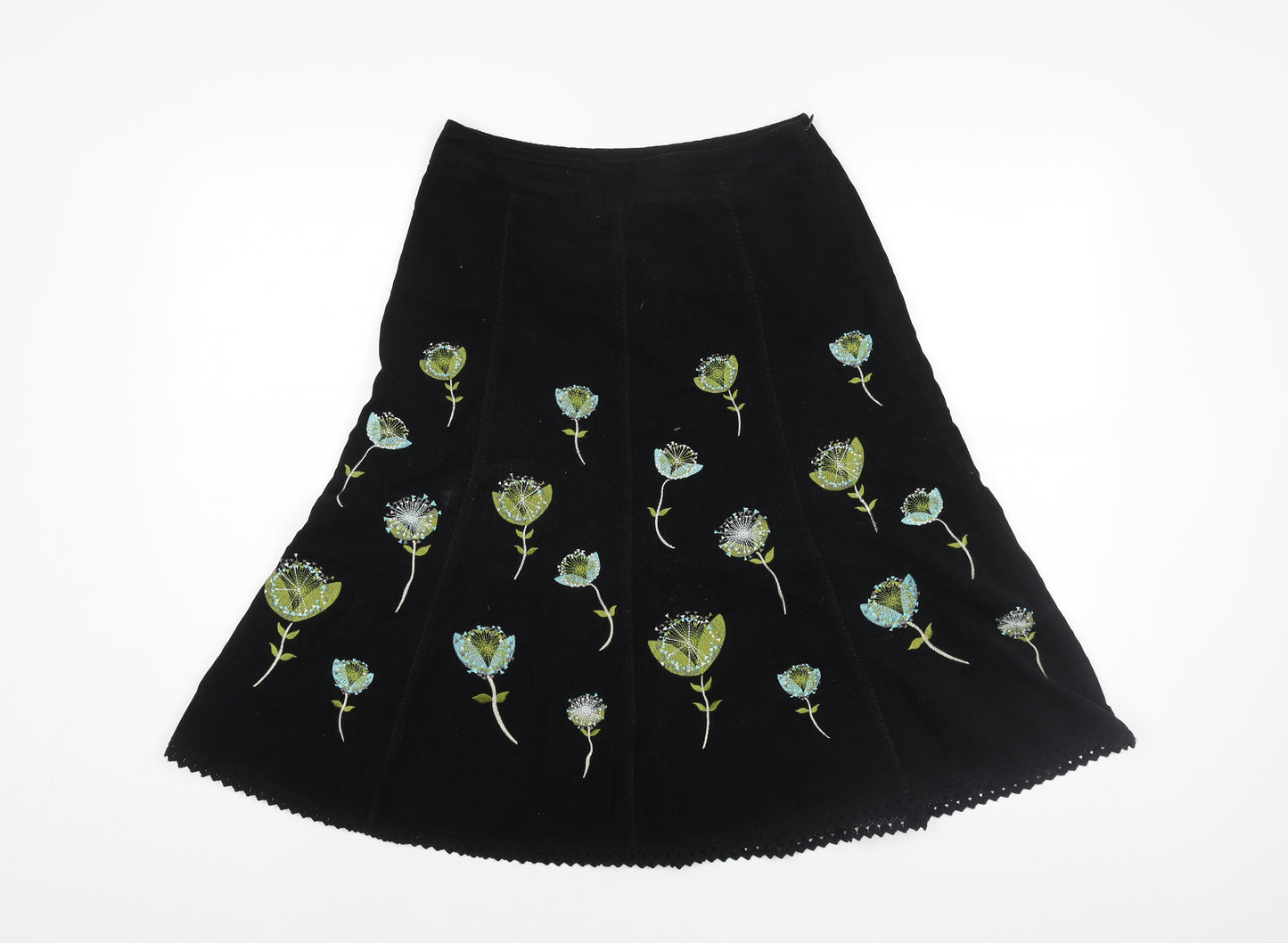 Laura Ashley Womens Black Cotton A-Line Skirt Size 8 Zip - Lace Trim Floral Embroidery