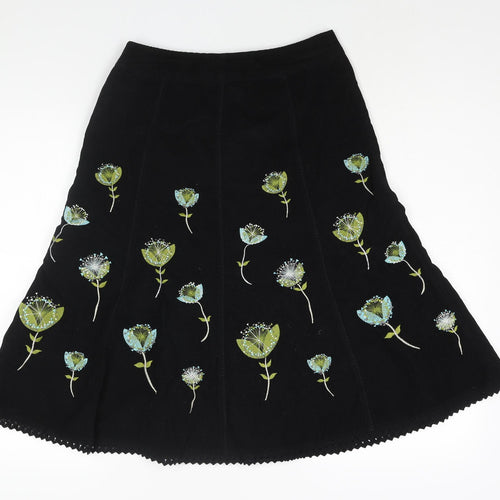 Laura Ashley Womens Black Cotton A-Line Skirt Size 8 Zip - Lace Trim Floral Embroidery