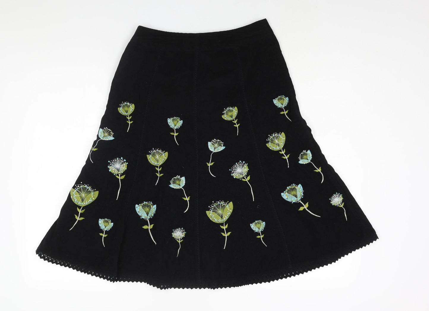 Laura Ashley Womens Black Cotton A-Line Skirt Size 8 Zip - Lace Trim Floral Embroidery