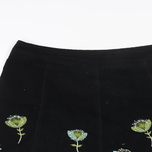 Laura Ashley Womens Black Cotton A-Line Skirt Size 8 Zip - Lace Trim Floral Embroidery