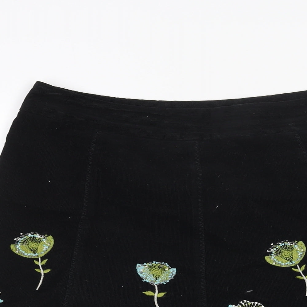 Laura Ashley Womens Black Cotton A-Line Skirt Size 8 Zip - Lace Trim Floral Embroidery