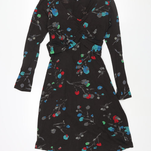 Amari Womens Brown Floral Cotton Shift Size 6 V-Neck Pullover - Belted