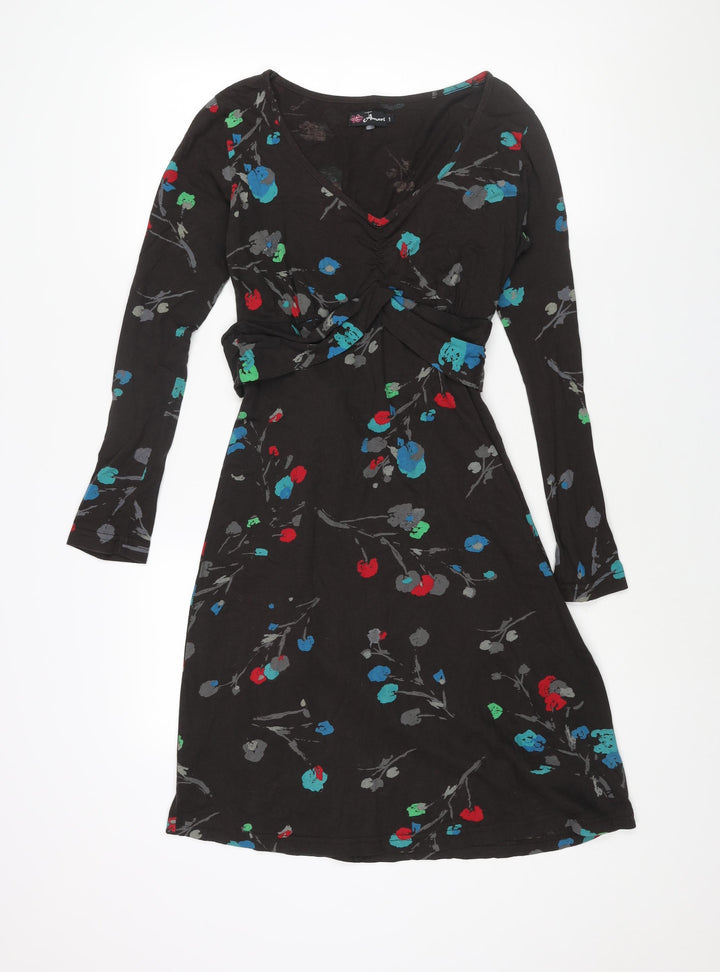 Amari Womens Brown Floral Cotton Shift Size 6 V-Neck Pullover - Belted