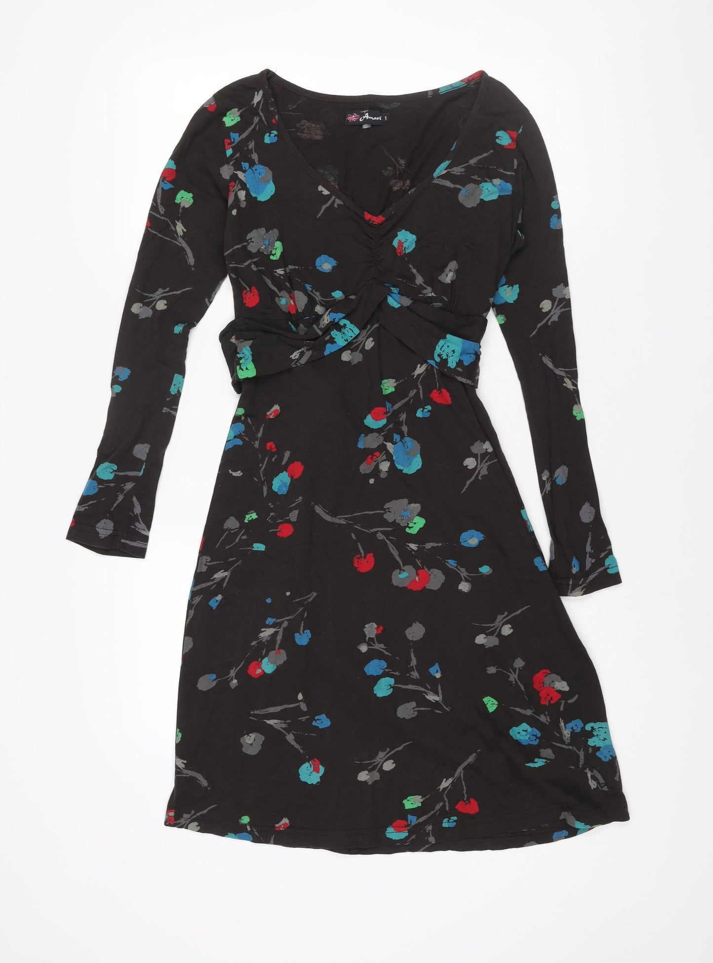 Amari Womens Brown Floral Cotton Shift Size 6 V-Neck Pullover - Belted