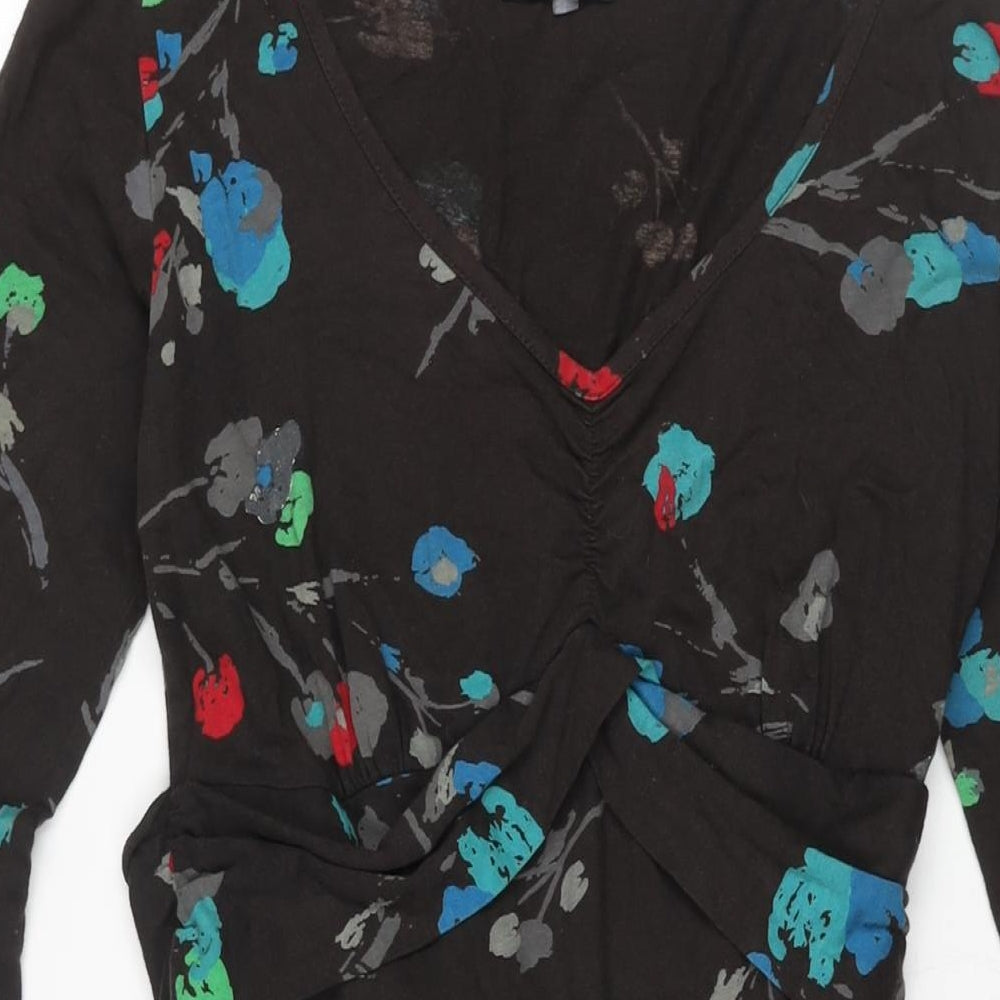 Amari Womens Brown Floral Cotton Shift Size 6 V-Neck Pullover - Belted
